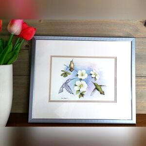 Sue Coleman Dogwood and Hummingbird Art Print. Framed and Matted